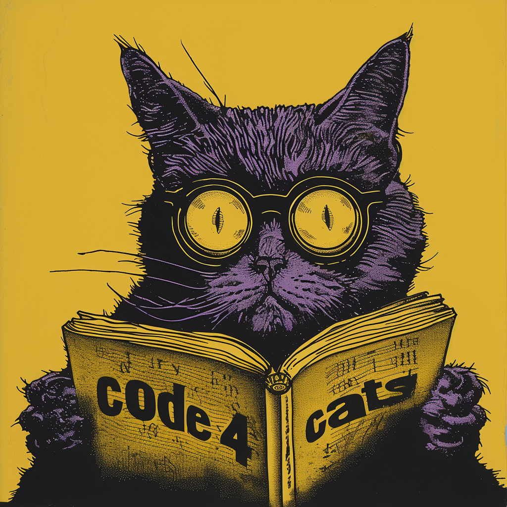 A cat reading the "code 4 cats" manual
